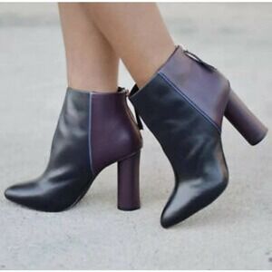 Cabi Bisset Bootie Size 8 Ankle Boots Block Heels Back Zip Two Tone Black Purple